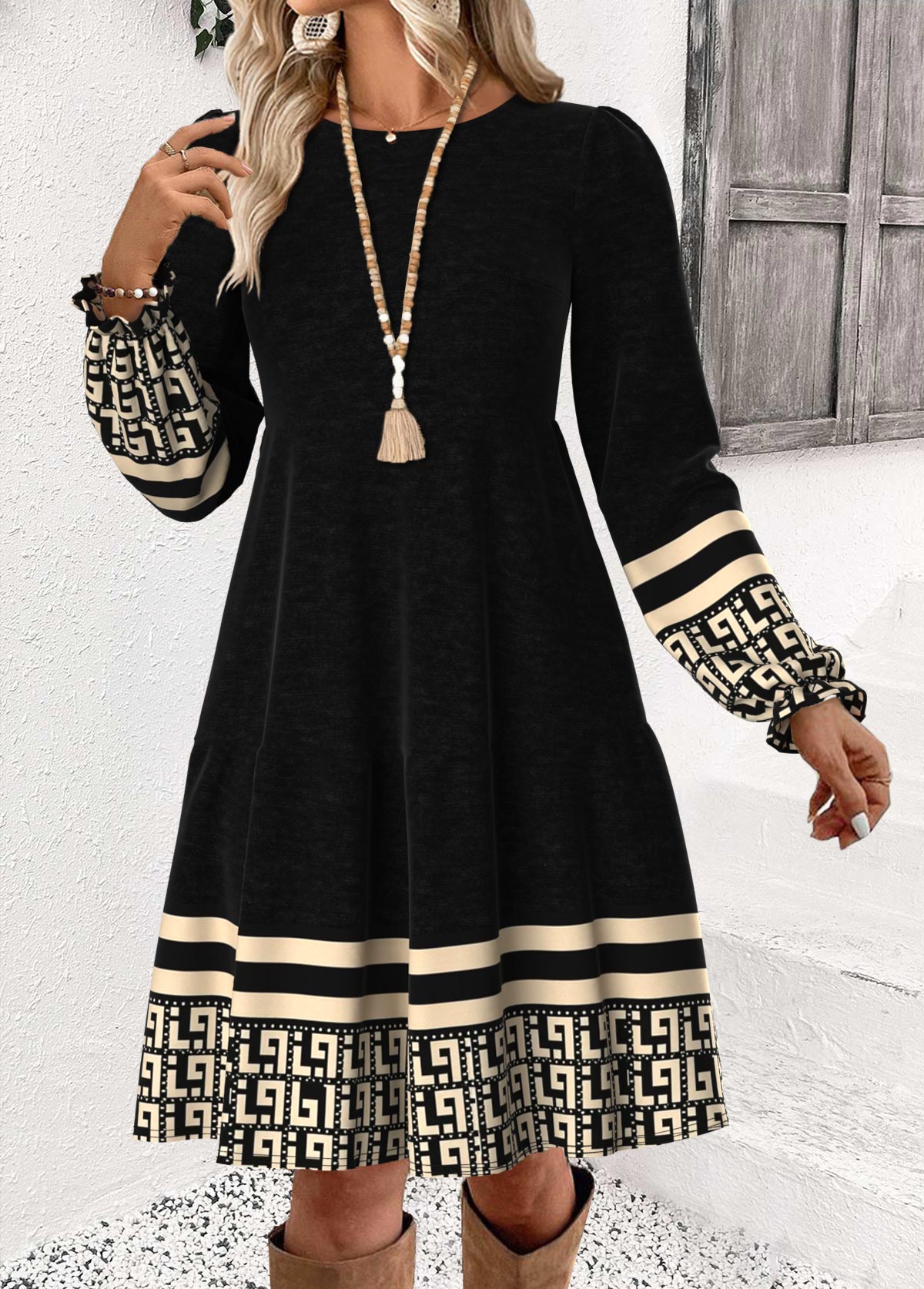 Black Geometric Print Short Long Sleeve Round Neck Dress | picture 