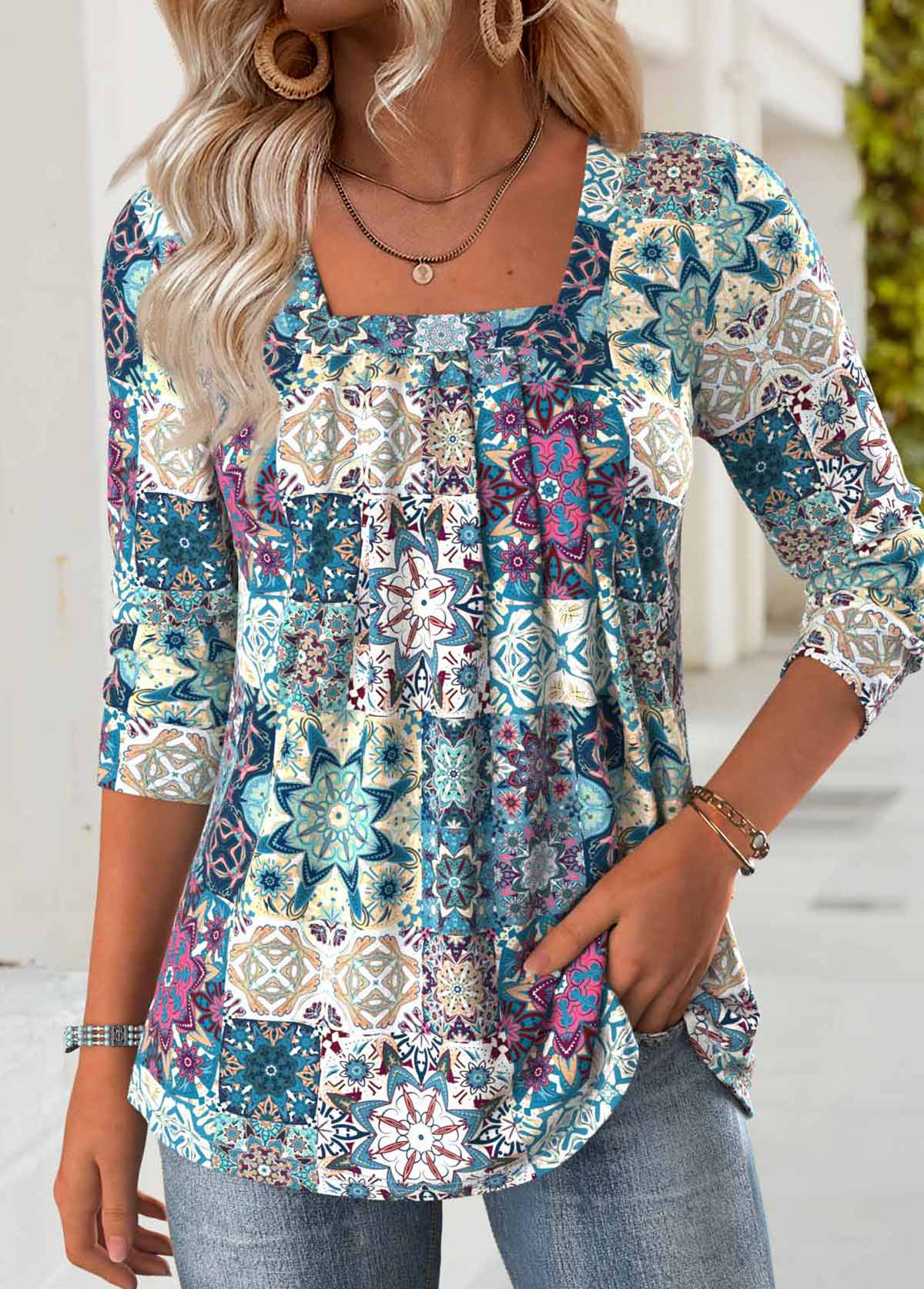 Multi Color Tummy Coverage Tribal Print T Shirt | picture 