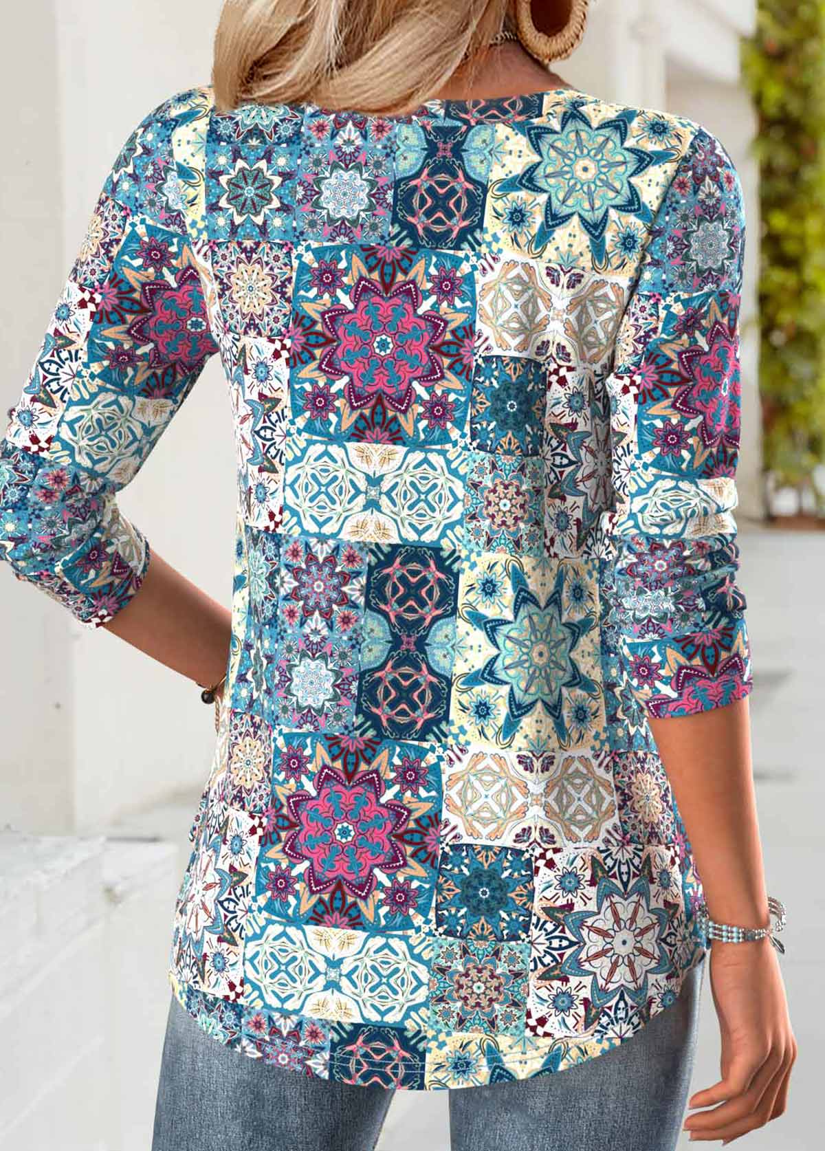 Multi Color Tummy Coverage Tribal Print T Shirt | picture 