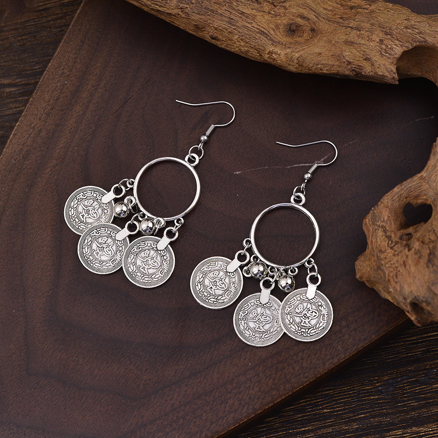 Silver Tassel Coin Round Alloy Earrings | picture 