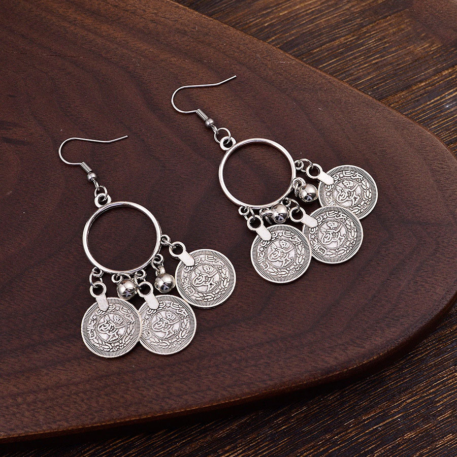 Silver Tassel Coin Round Alloy Earrings | picture 