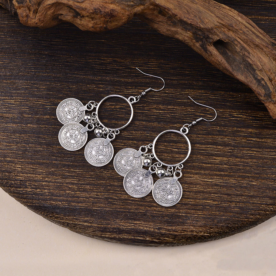Silver Tassel Coin Round Alloy Earrings | picture 