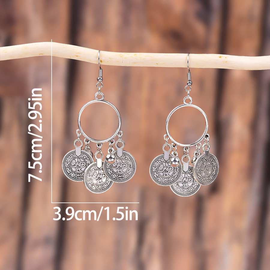 Silver Tassel Coin Round Alloy Earrings | picture 