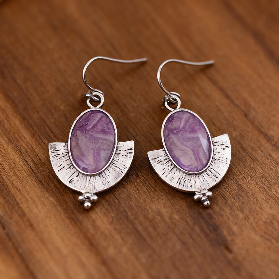 Violet Oval Fan-shaped Marble Alloy Earrings | picture 