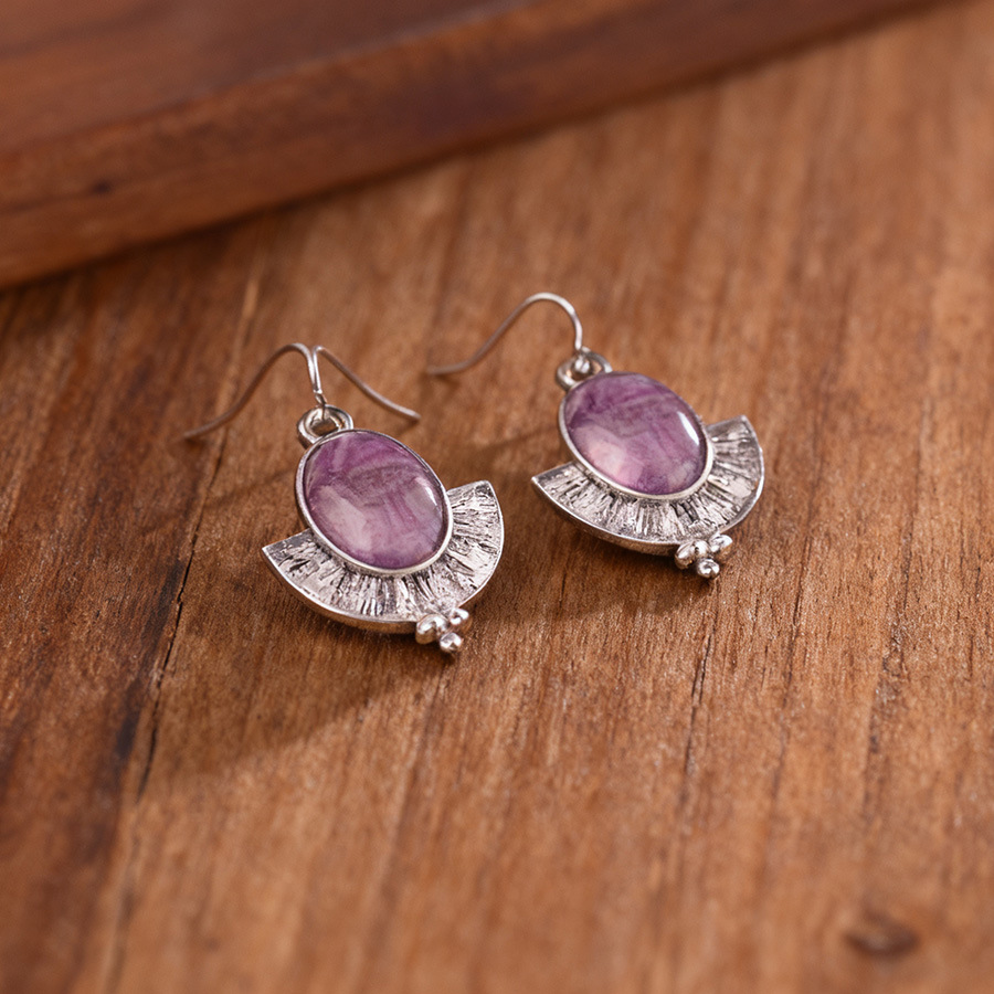 Violet Oval Fan-shaped Marble Alloy Earrings | picture 