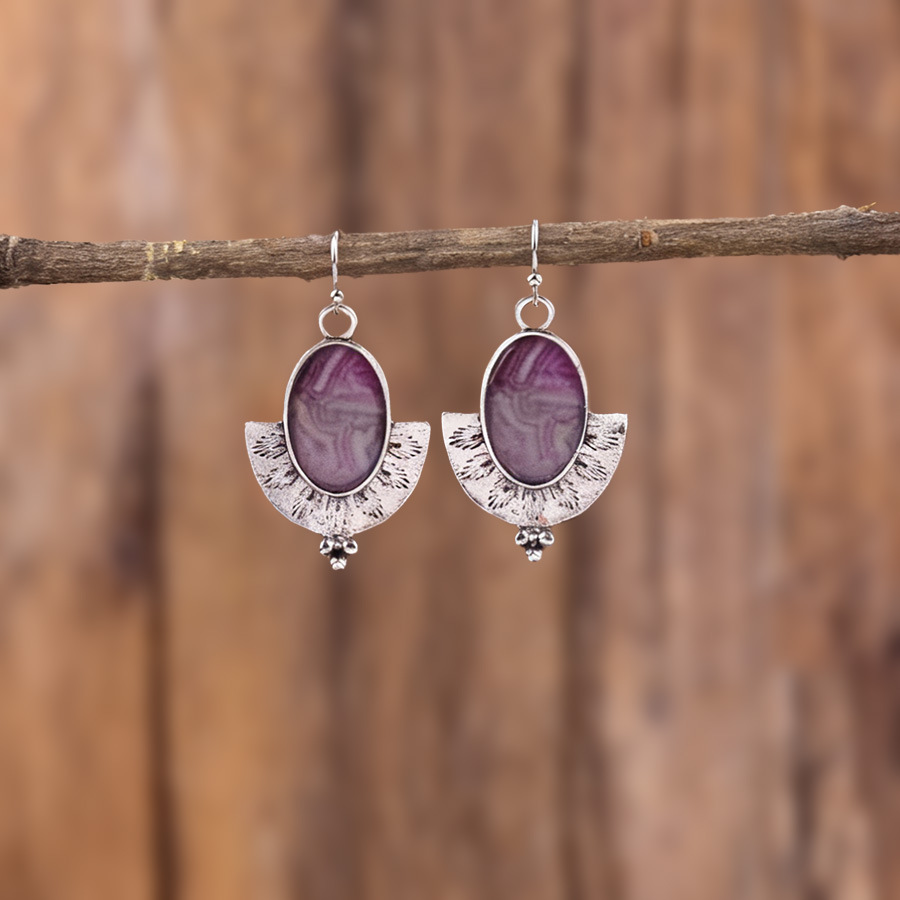 Violet Oval Fan-shaped Marble Alloy Earrings | picture 