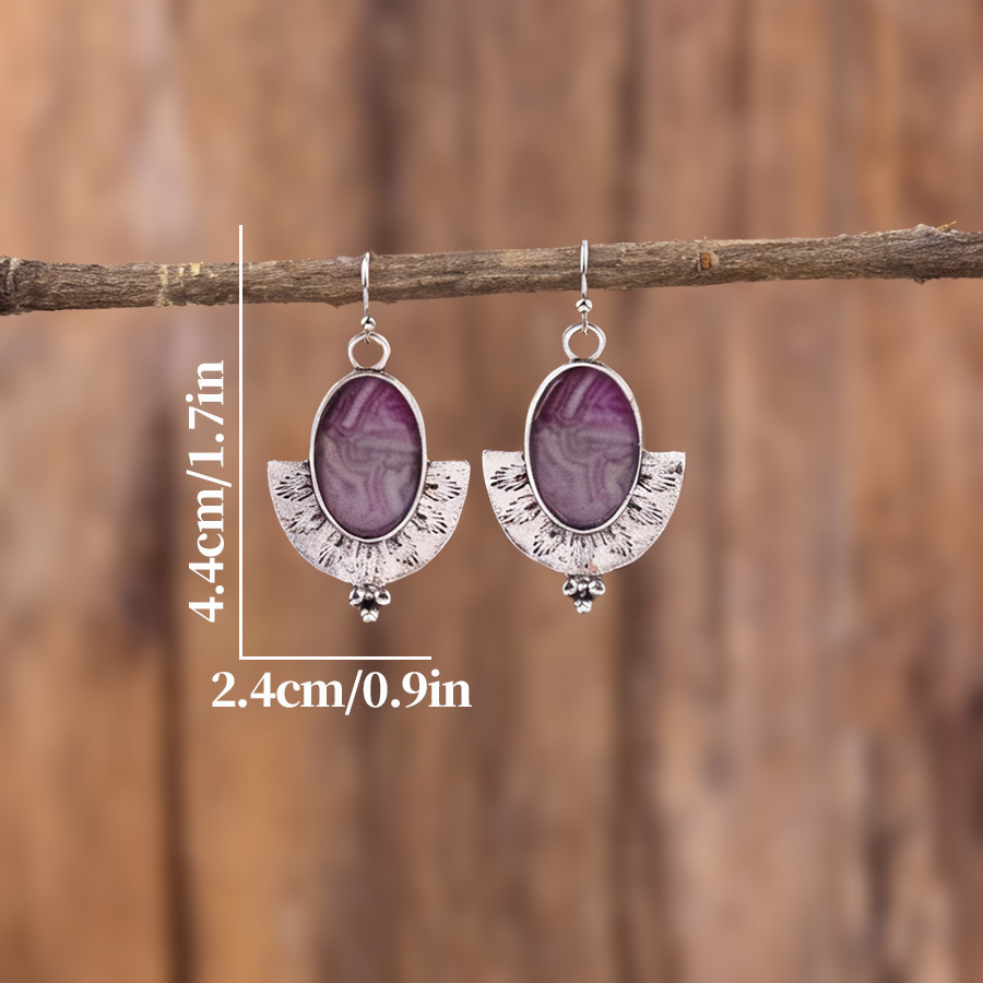 Violet Oval Fan-shaped Marble Alloy Earrings | picture 