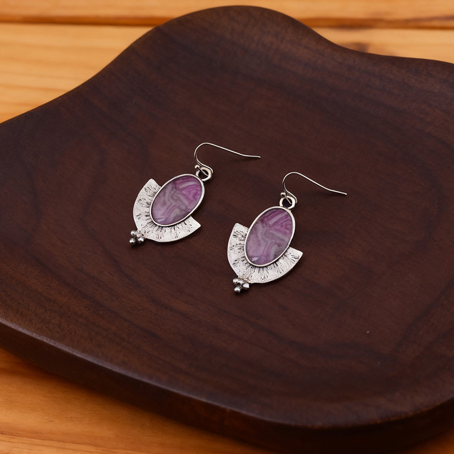 Violet Oval Fan-shaped Marble Alloy Earrings | picture 