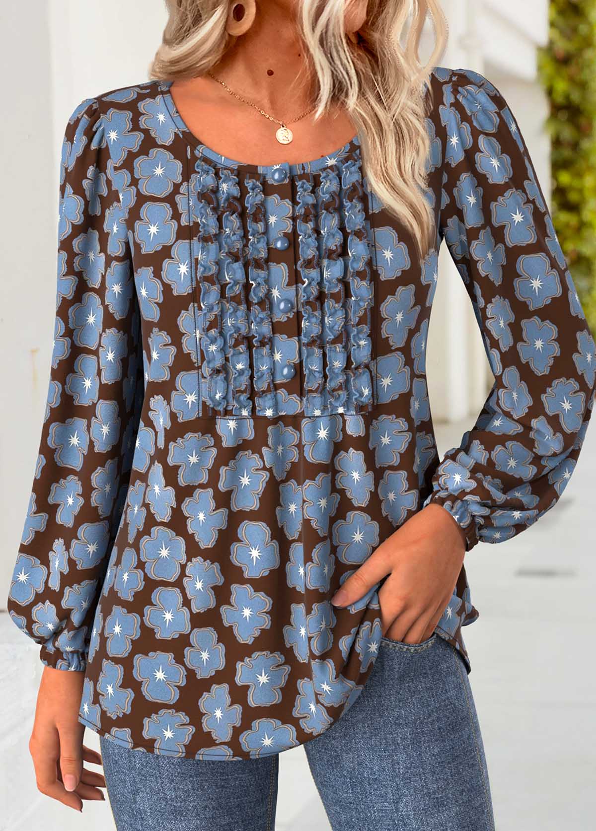 Multi Color Frill Floral Print Long Sleeve Blouse | picture 