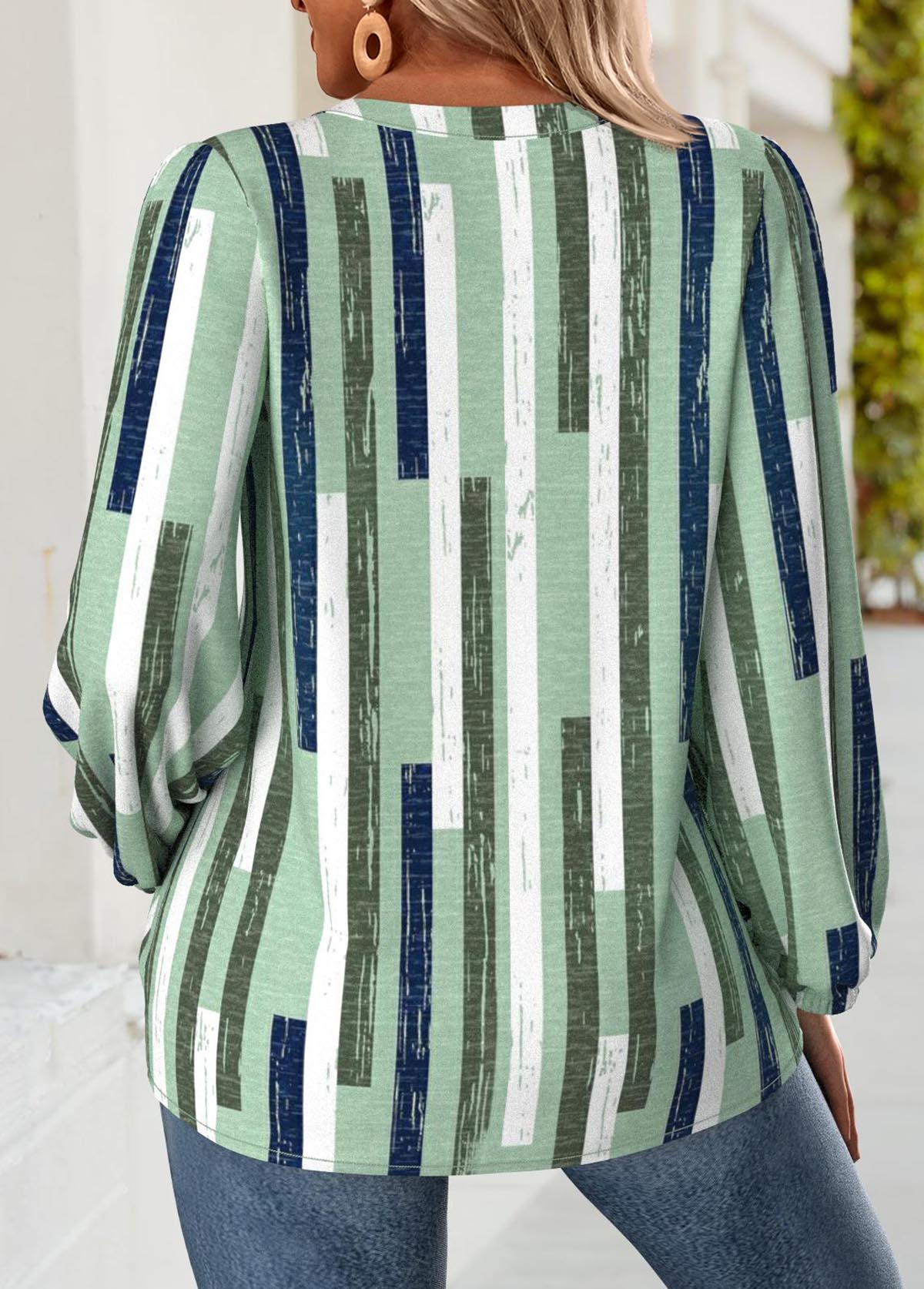 Green Curved Hem Geometric Print Long Sleeve Blouse | picture 