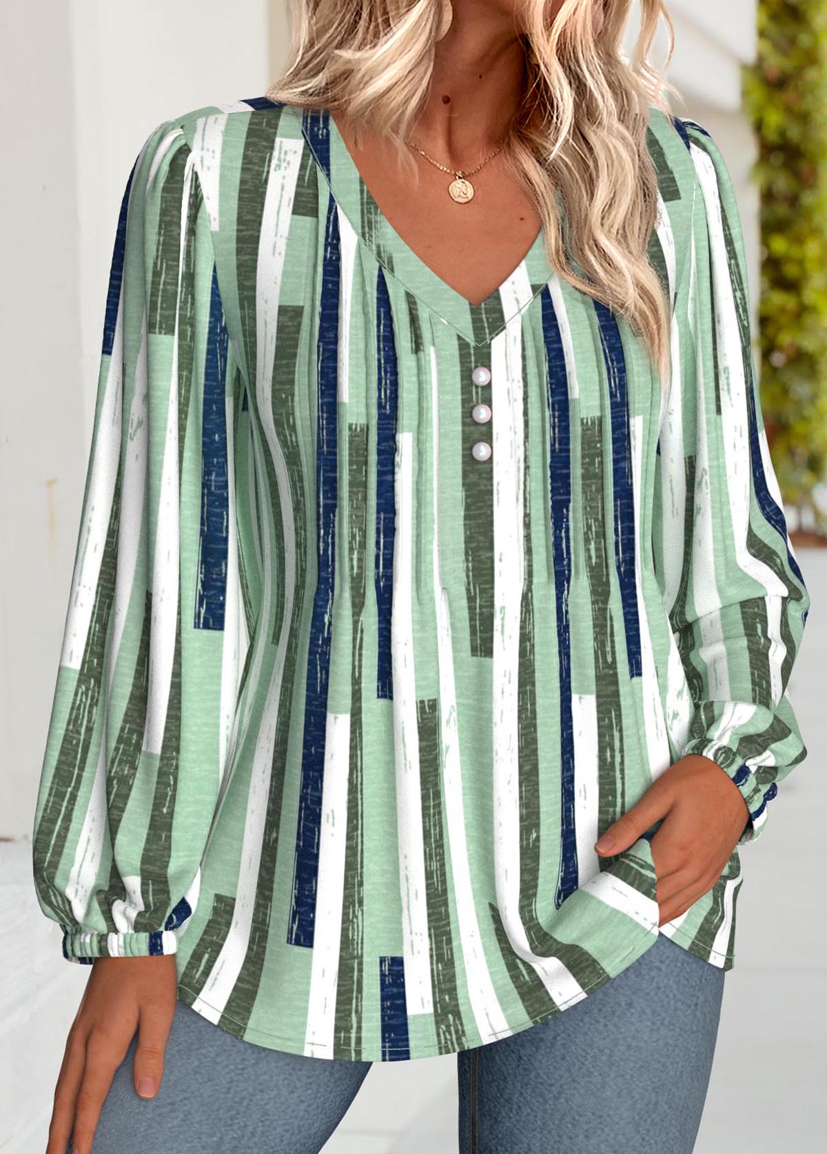 Green Curved Hem Geometric Print Long Sleeve Blouse | picture 