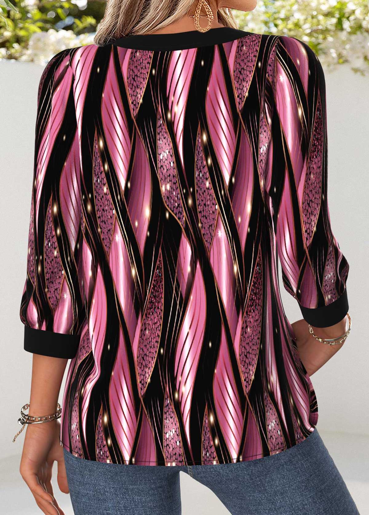 Pink Tummy Coverage Geometric Print 3/4 Sleeve Blouse | picture 