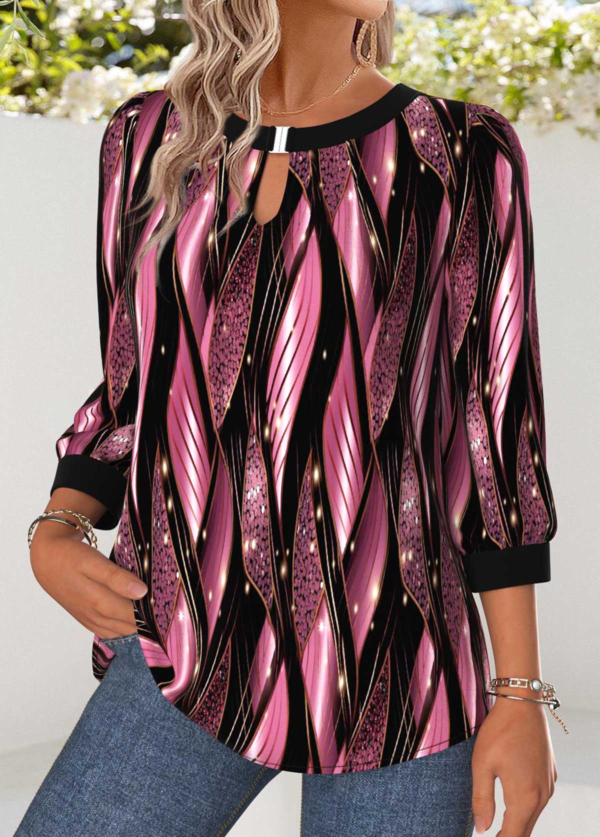 Pink Tummy Coverage Geometric Print 3/4 Sleeve Blouse | picture 