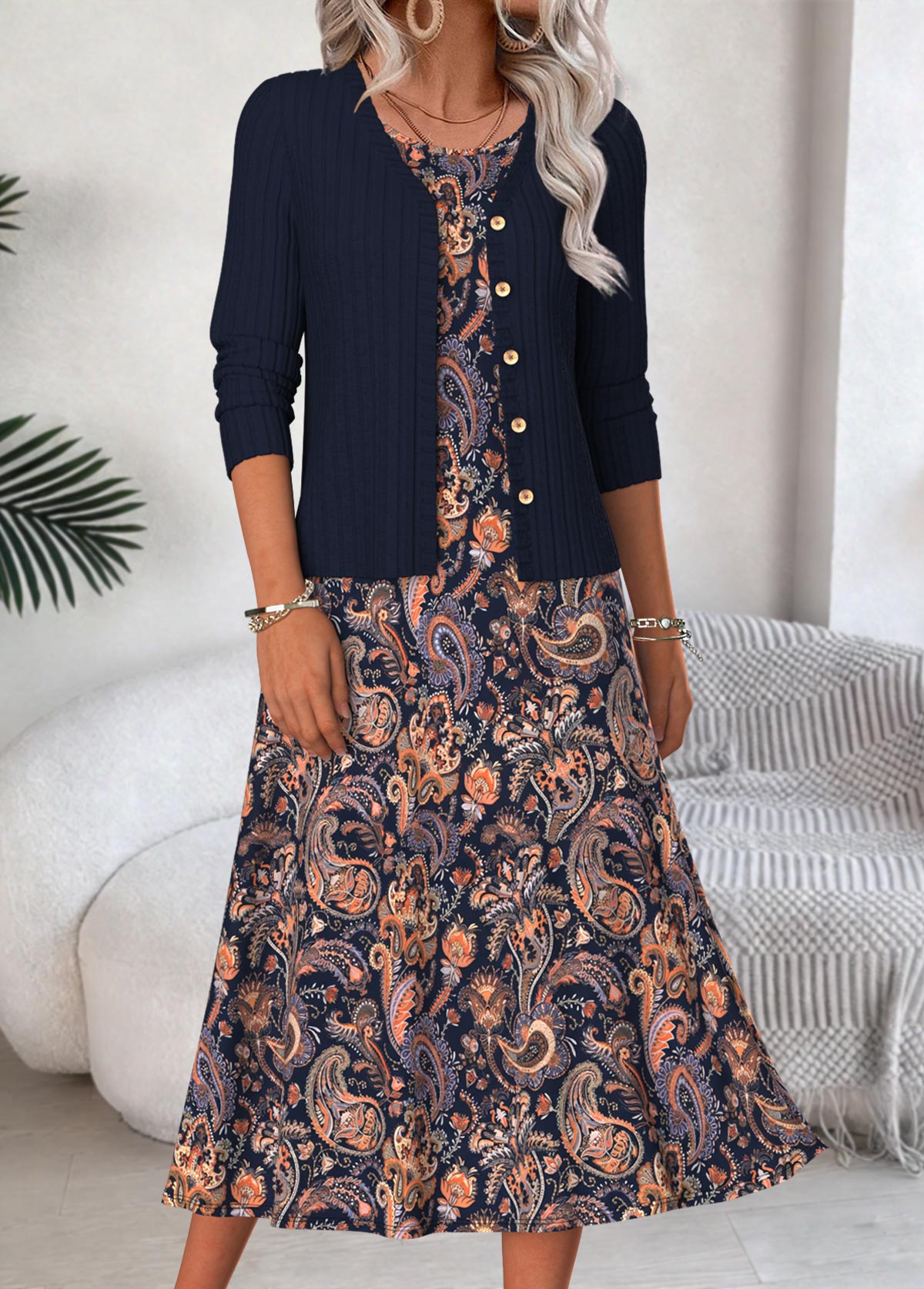 Navy Tummy Coverage Paisley Print Dress and Cardigan | picture 