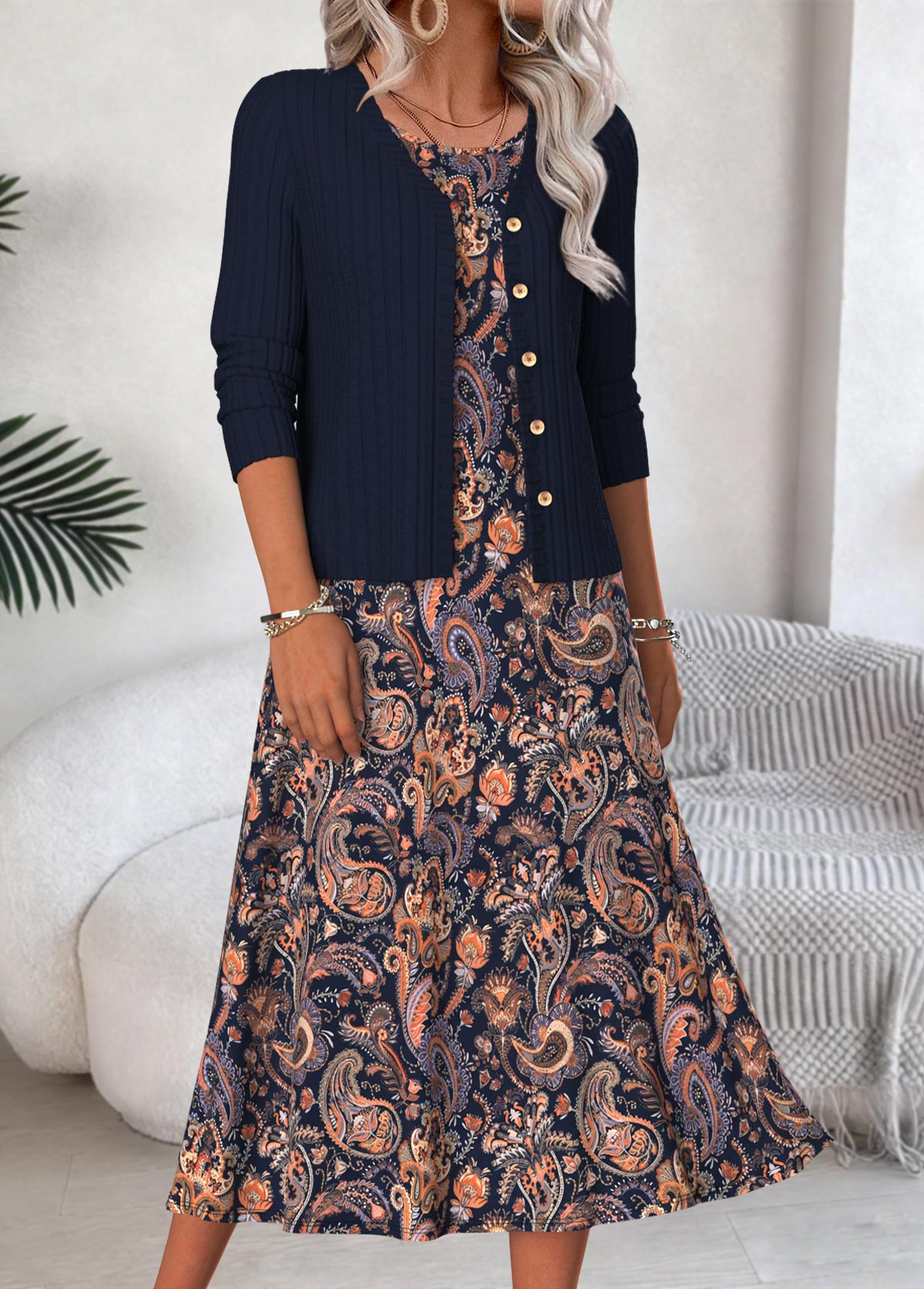 Navy Tummy Coverage Paisley Print Dress and Cardigan | picture 