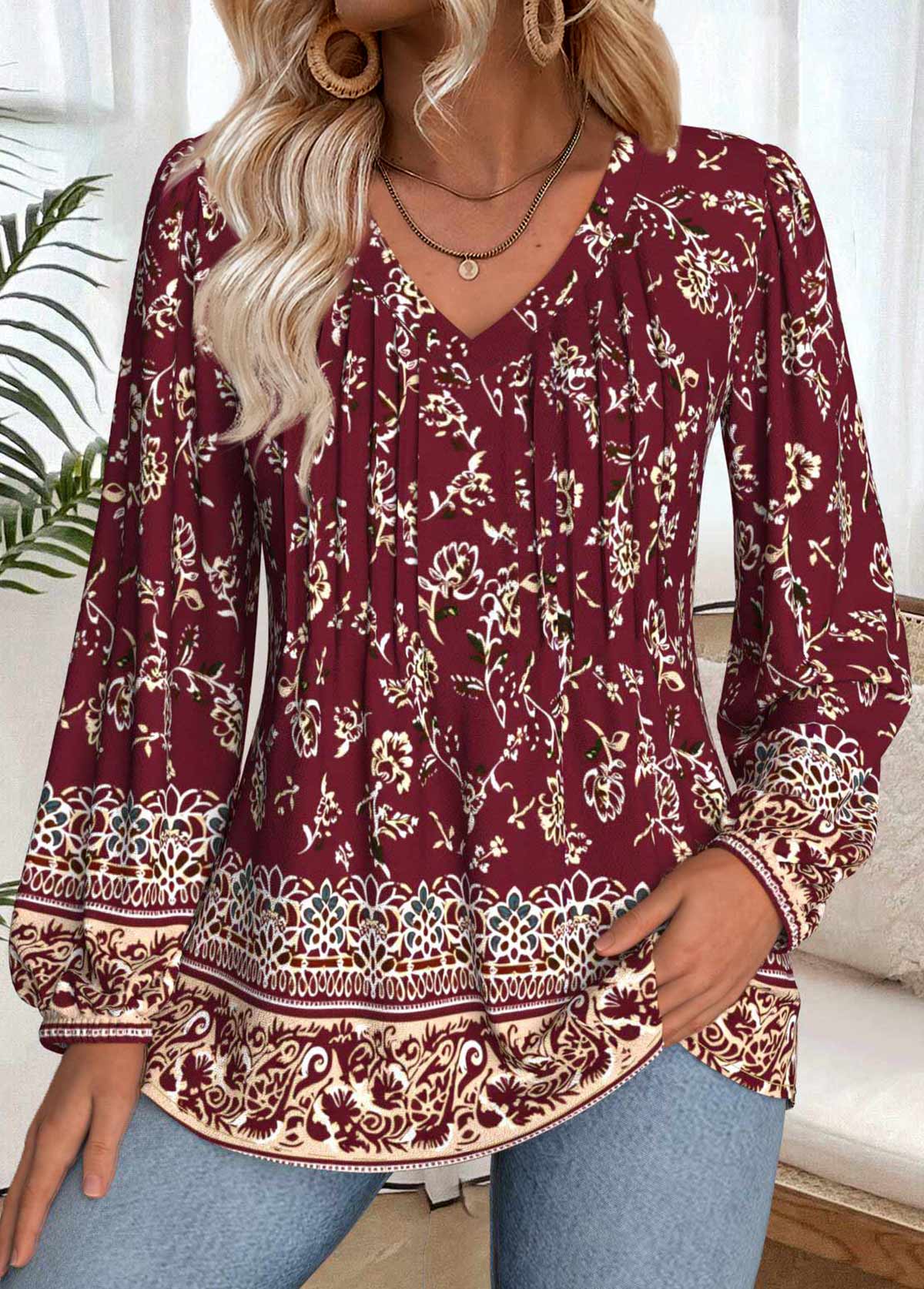 Wine Red Tummy Coverage Tribal Print Long Sleeve Blouse | picture 
