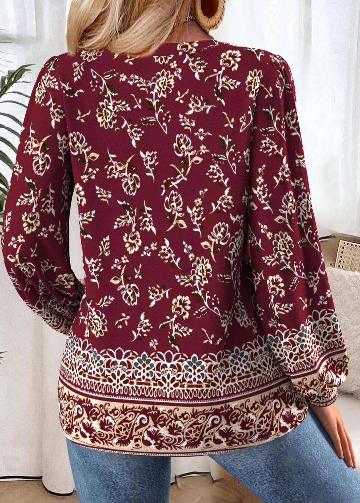 Wine Red Tummy Coverage Tribal Print Long Sleeve Blouse | picture 