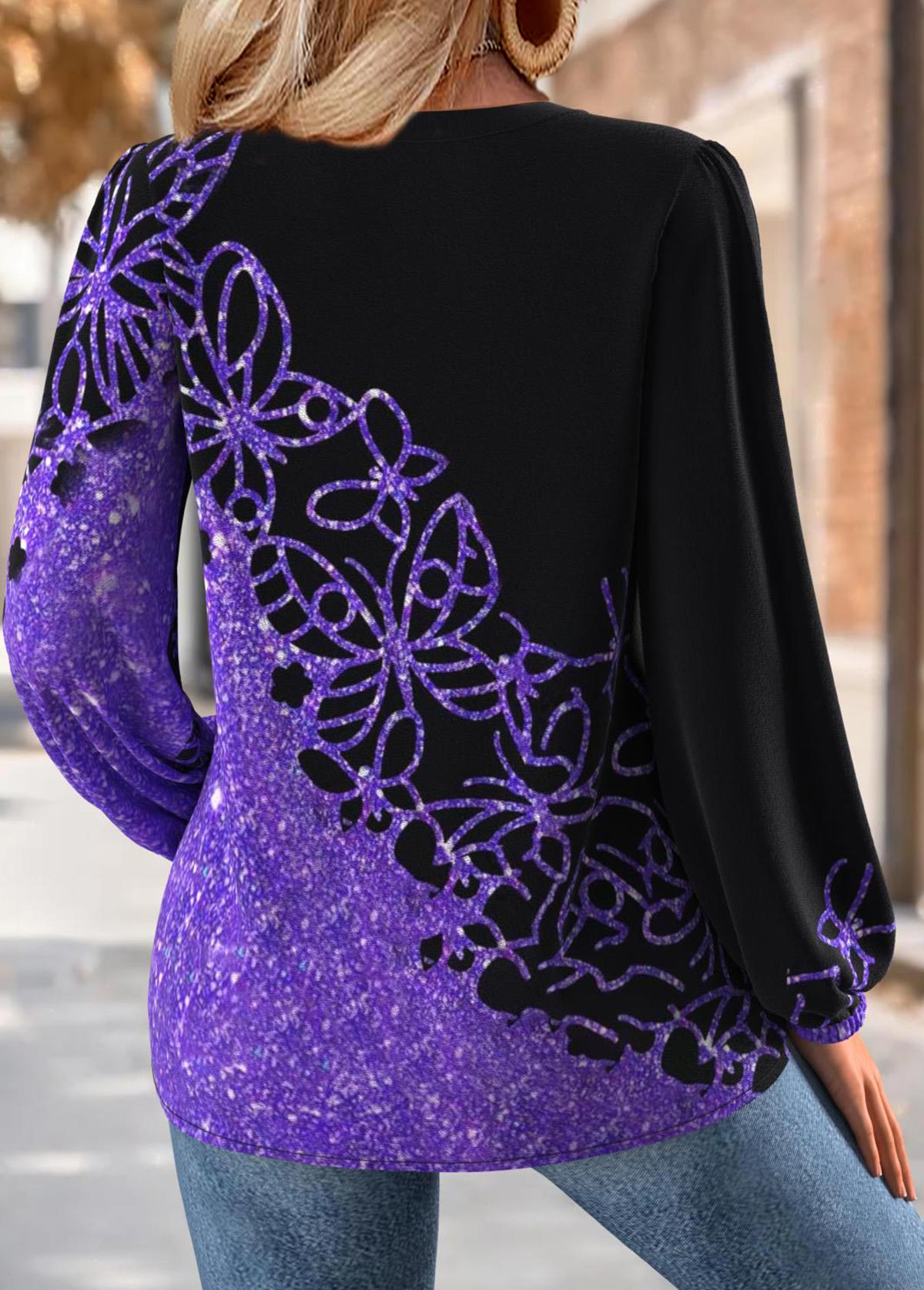 Purple Tummy Coverage Butterfly Print Long Sleeve Blouse | picture 
