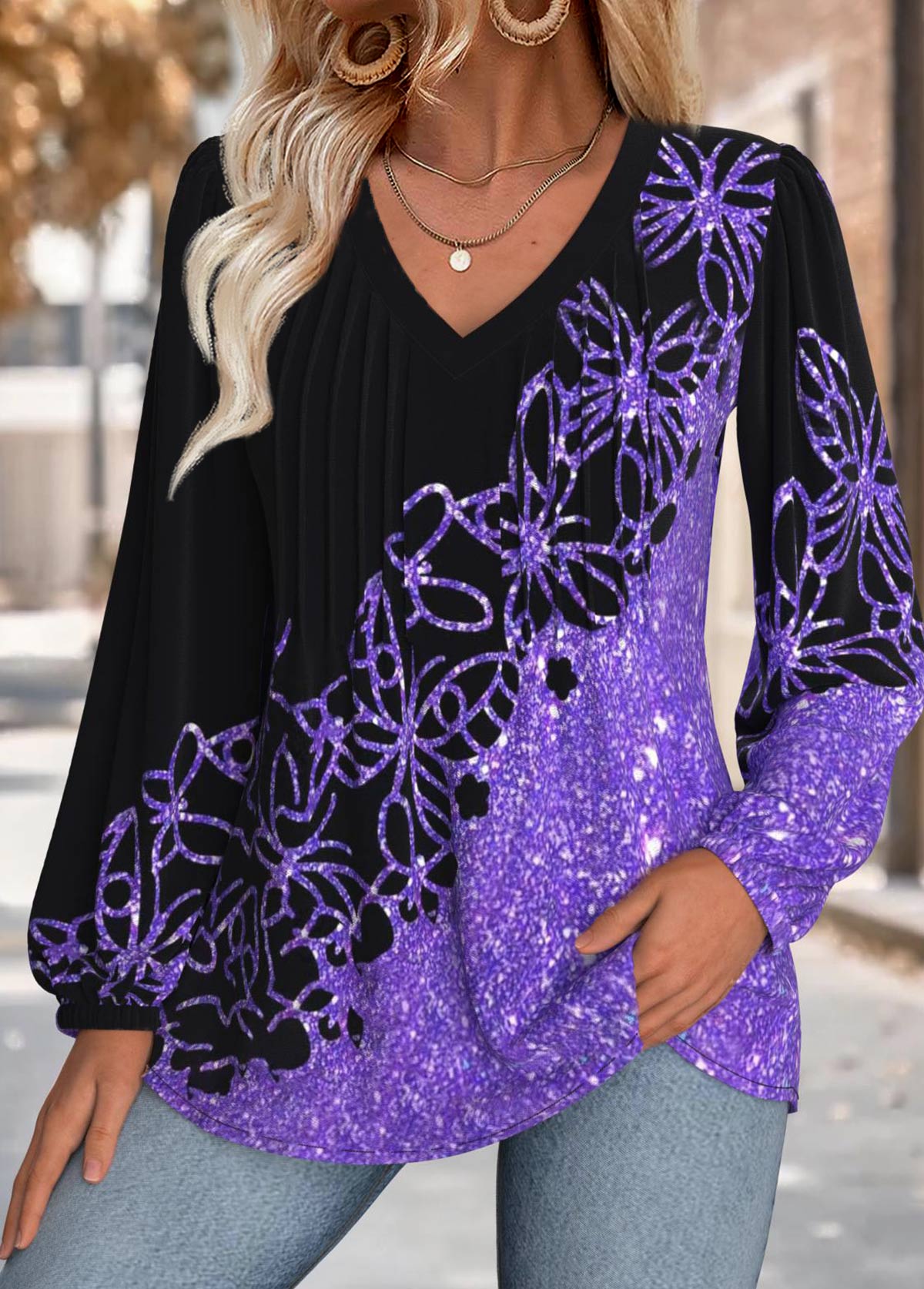 Purple Tummy Coverage Butterfly Print Long Sleeve Blouse | picture 