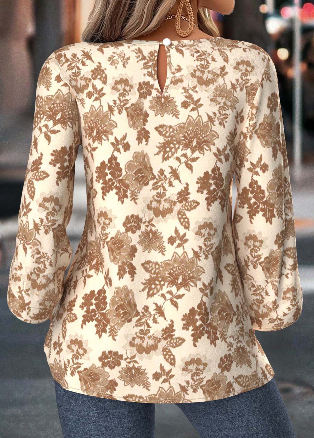 Light Camel Tummy Coverage Floral Print 3/4 Sleeve Blouse | picture 
