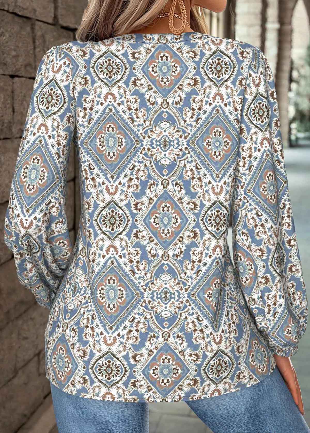 Dusty Blue Tummy Coverage Tribal Print Long Sleeve Blouse | picture 