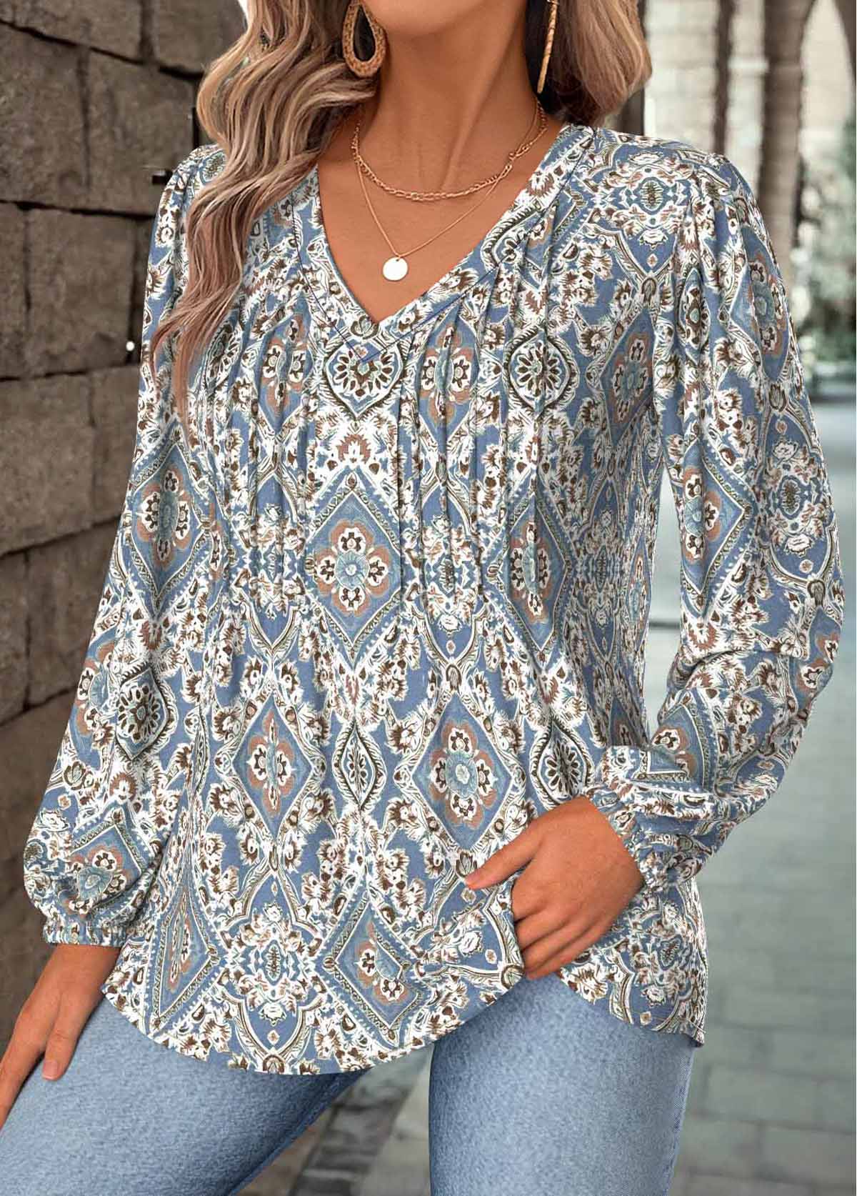 Dusty Blue Tummy Coverage Tribal Print Long Sleeve Blouse | picture 