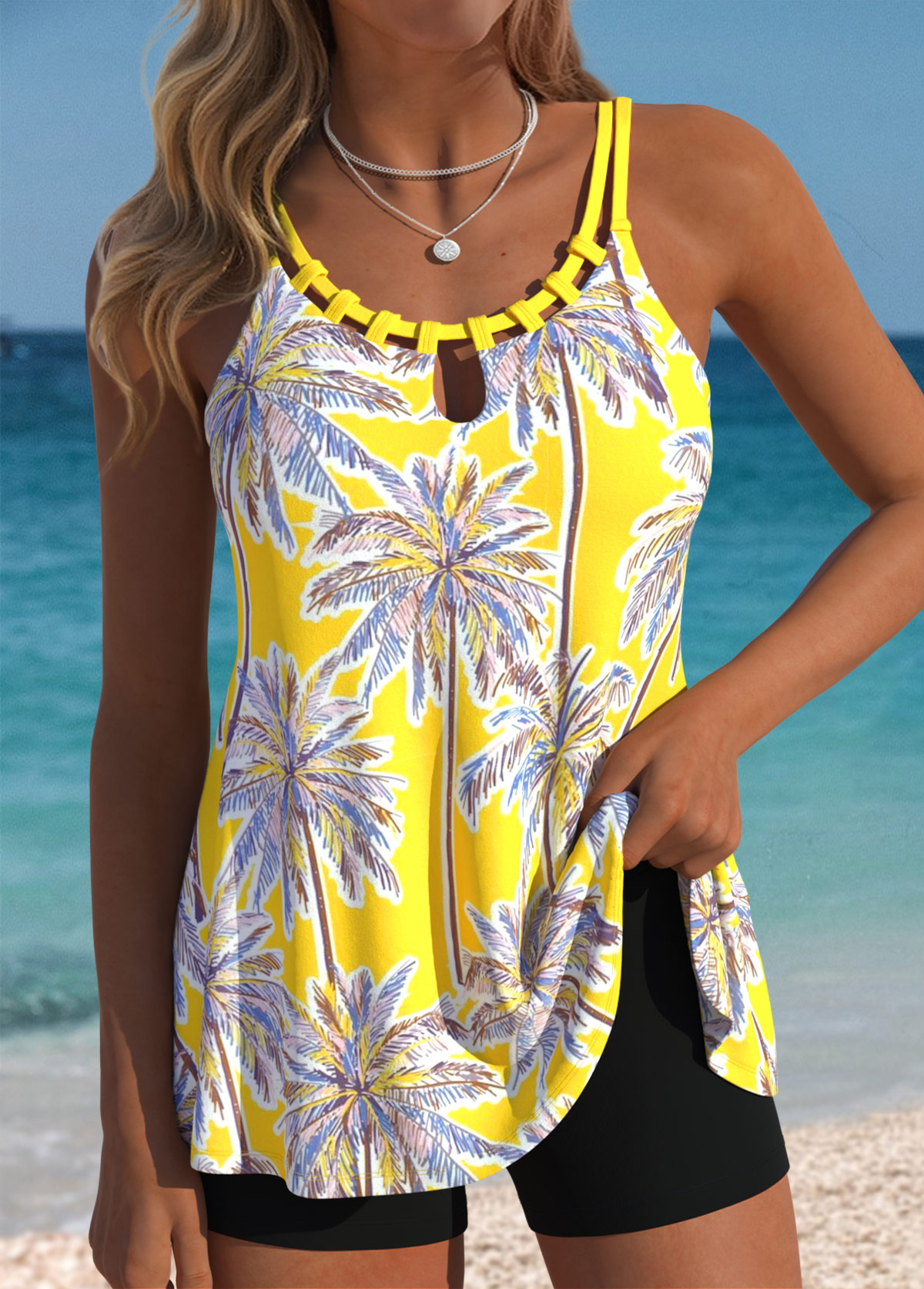 Tummy Coverage Tropical Plants Print Yellow Tankini Top-No Bottom | picture 