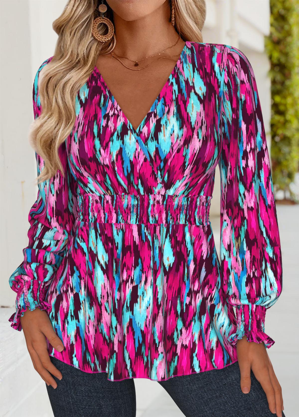 Multi Color Corset Geometric Print Long Sleeve Blouse | picture 