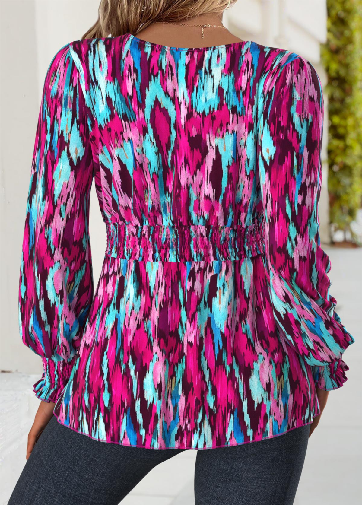 Multi Color Corset Geometric Print Long Sleeve Blouse | picture 