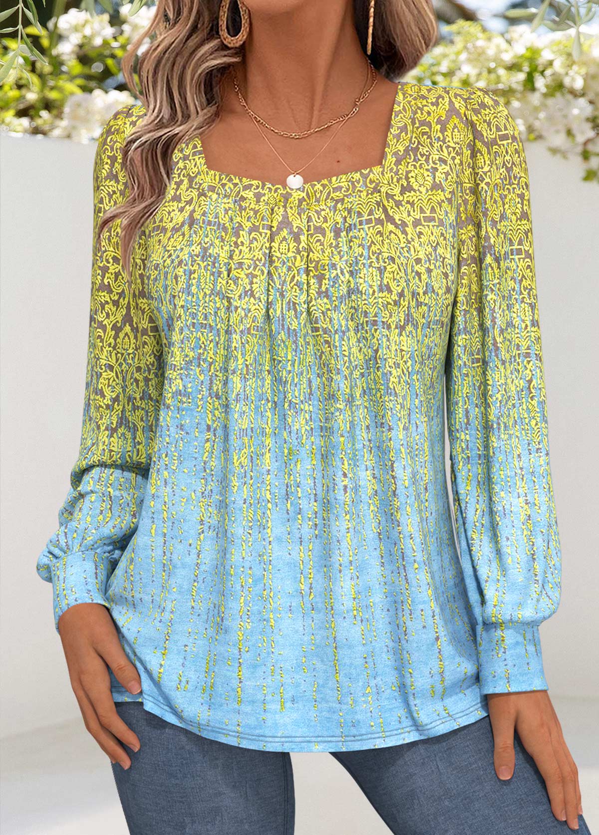 Light Blue Tummy Coverage Tribal Print T Shirt | picture 