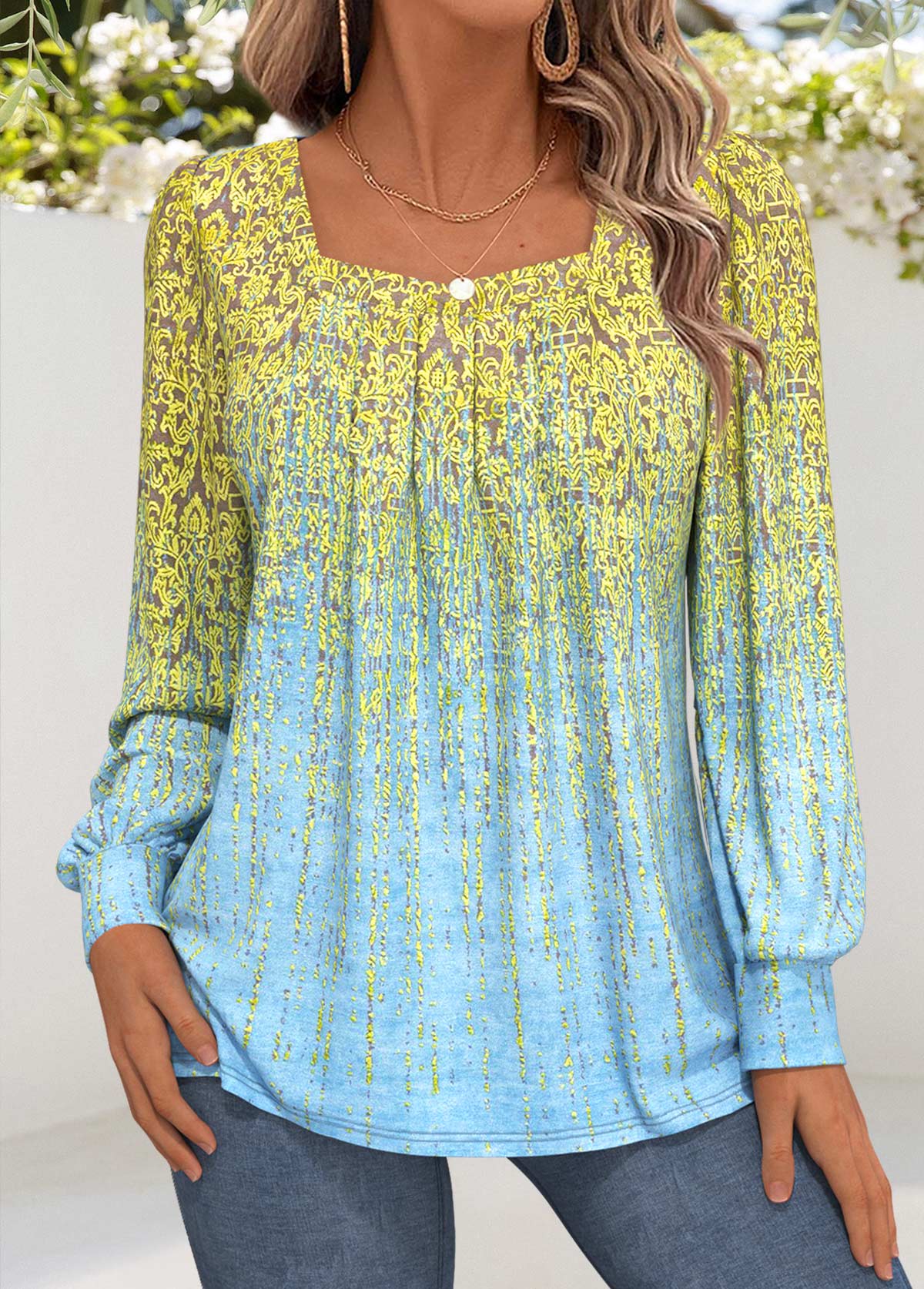 Light Blue Tummy Coverage Tribal Print T Shirt | picture 