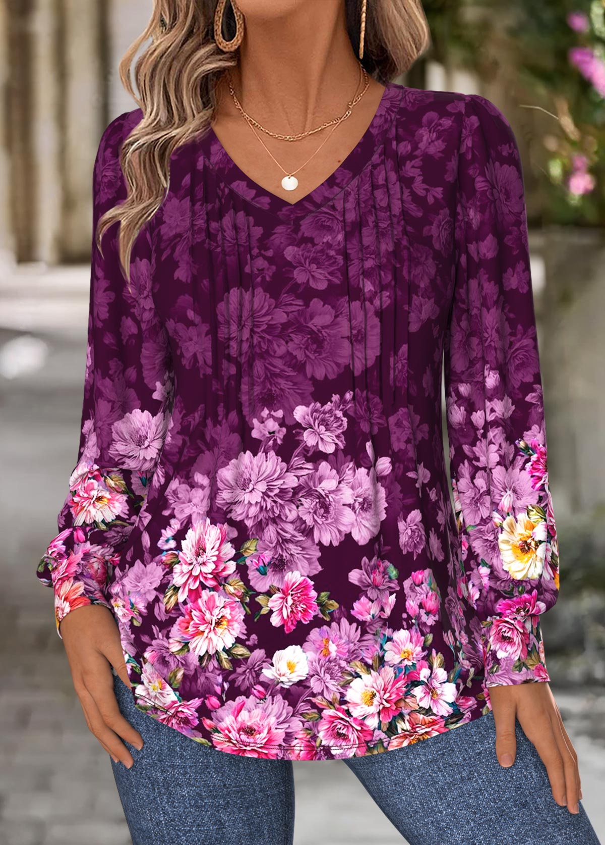 Purple Tuck Stitch Floral Print Long Sleeve T Shirt | picture 