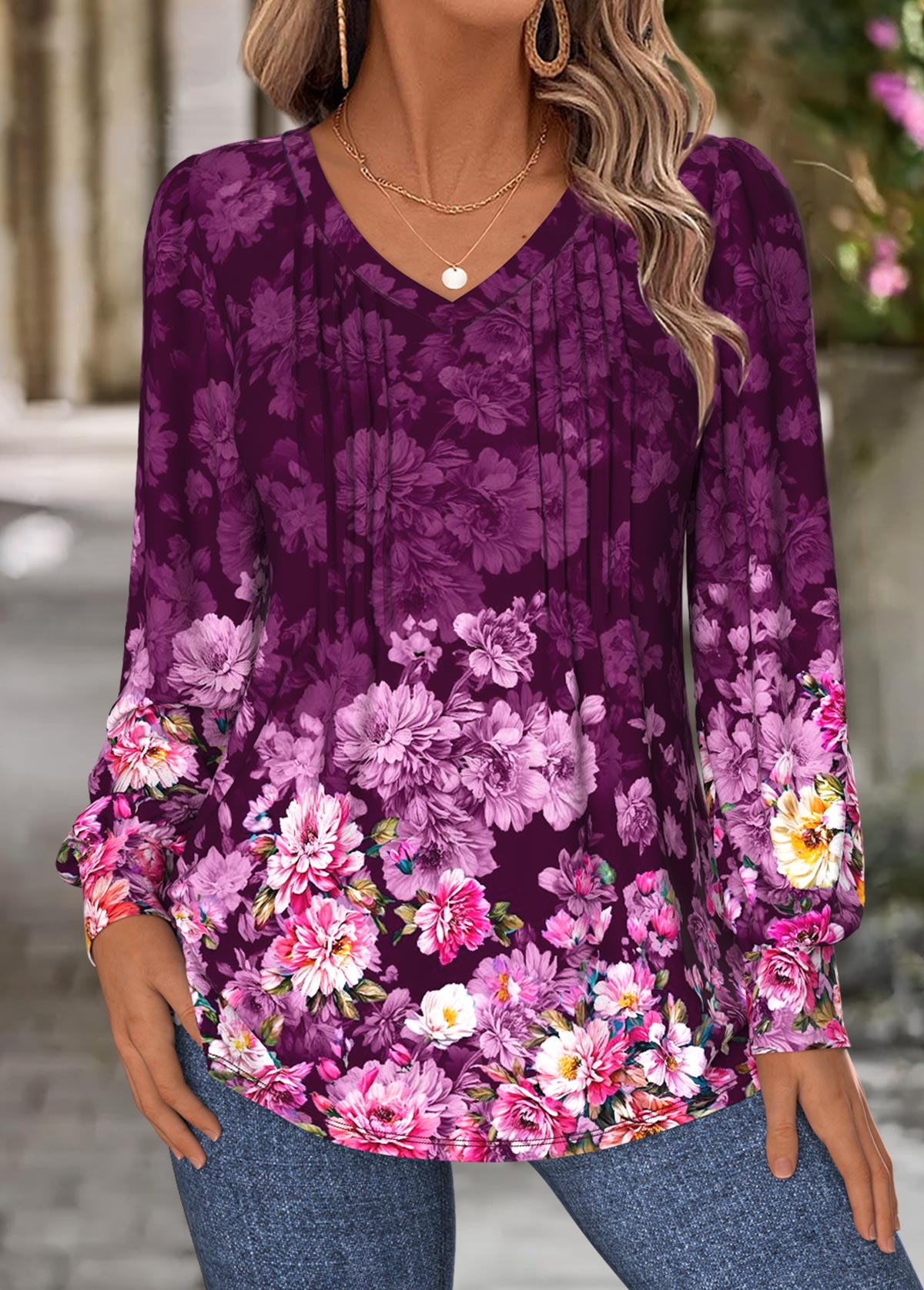 Purple Tuck Stitch Floral Print Long Sleeve T Shirt | picture 