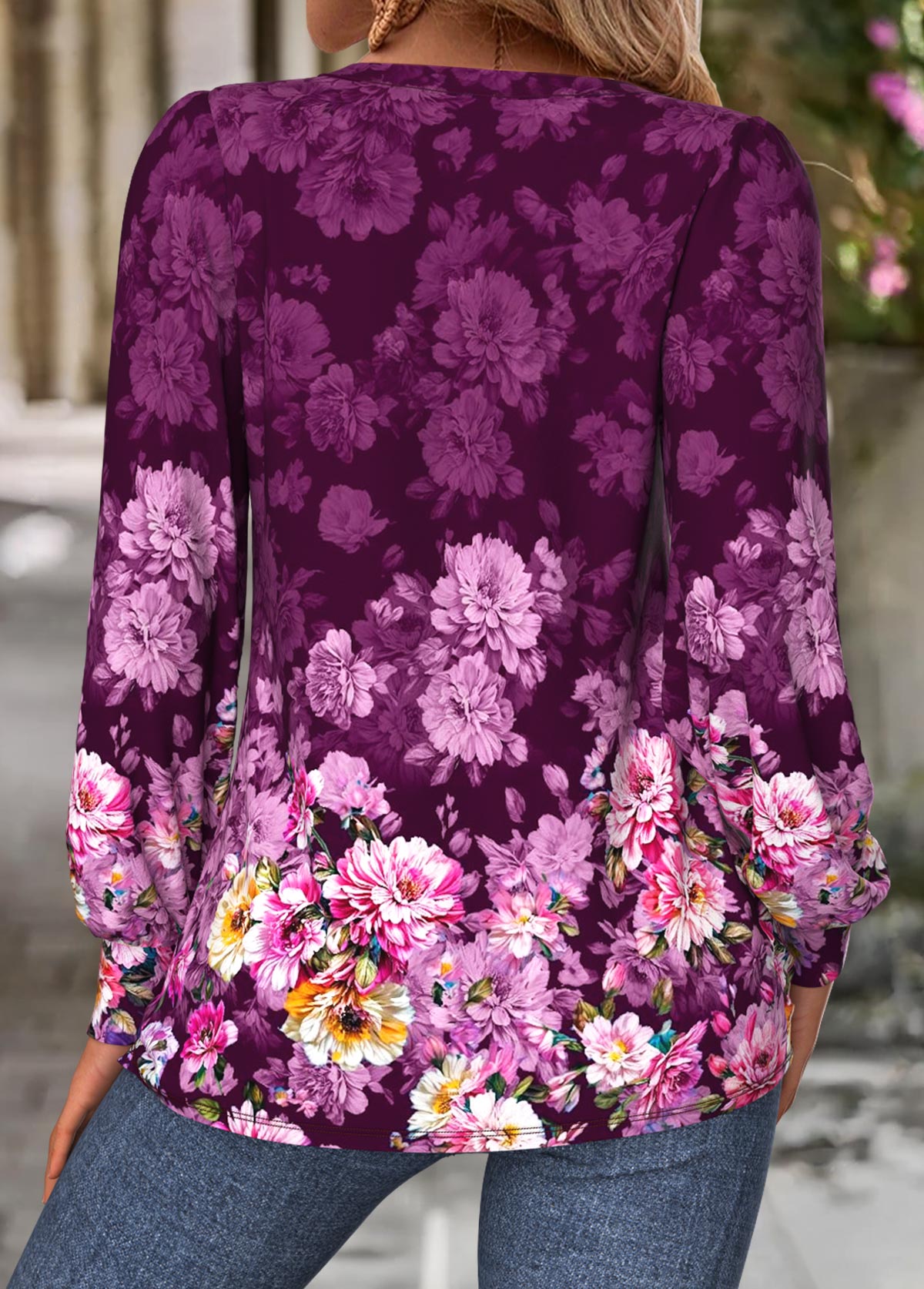Purple Tuck Stitch Floral Print Long Sleeve T Shirt | picture 