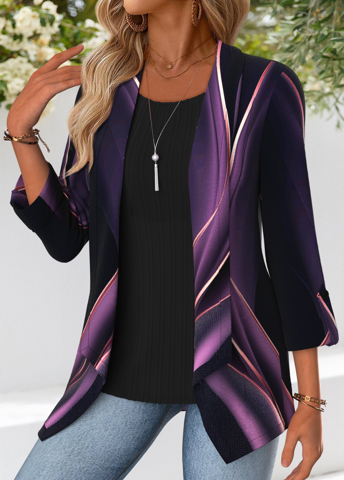 Purple Tummy Coverage Ombre 3/4 Sleeve Square Neck Blouse | picture 