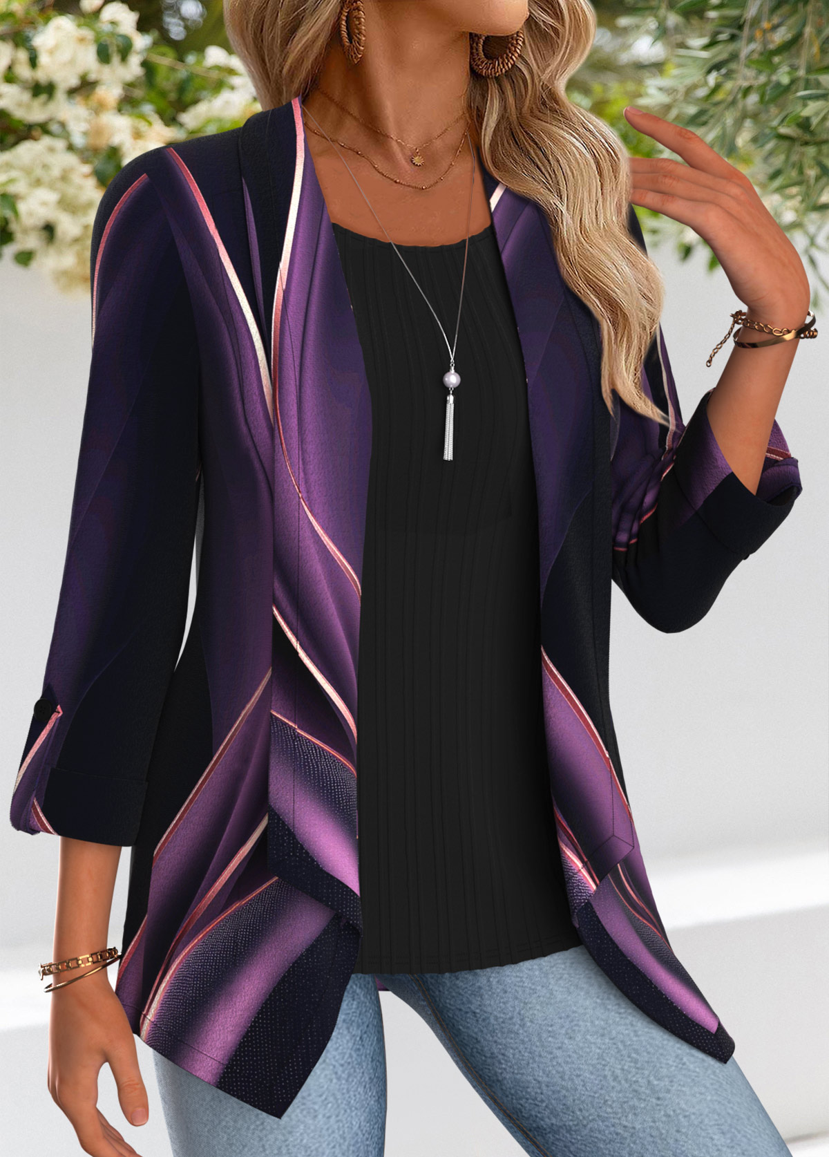 Purple Tummy Coverage Ombre 3/4 Sleeve Square Neck Blouse | picture 