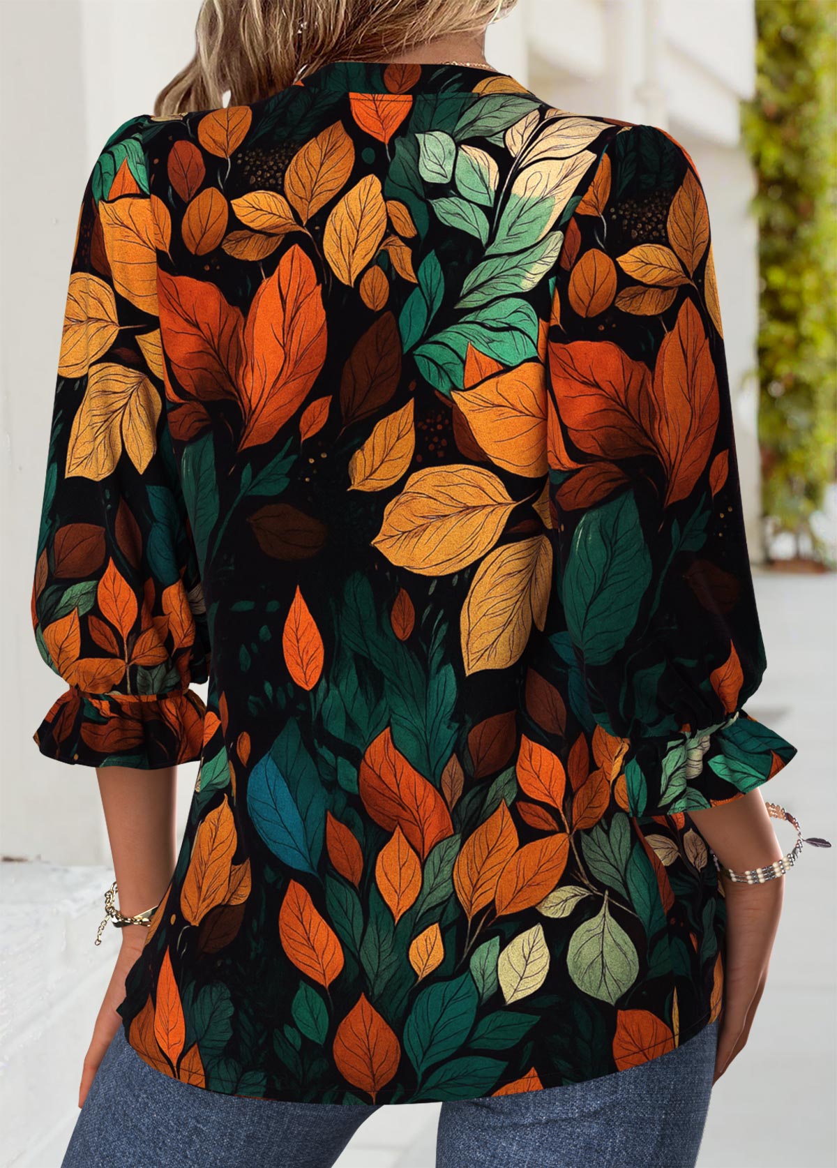 Multi Color Tummy Coverage Leaf Print Half Sleeve Blouse | picture 