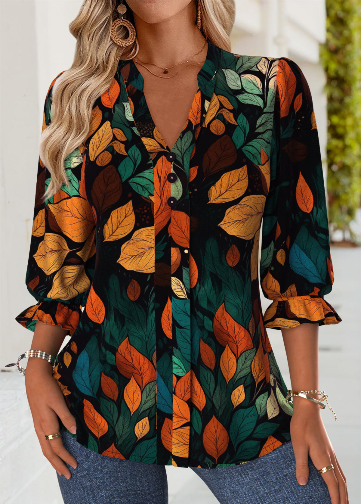 Multi Color Tummy Coverage Leaf Print Half Sleeve Blouse | picture 
