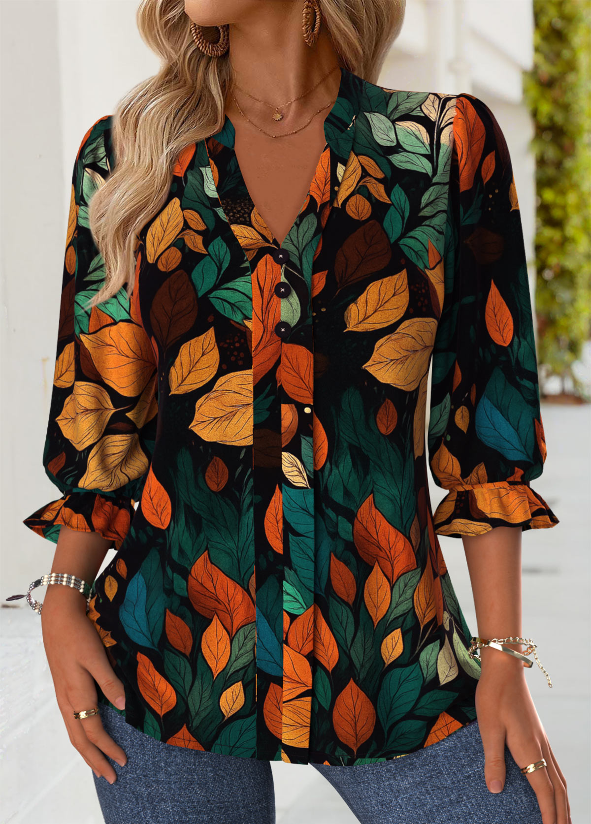 Multi Color Tummy Coverage Leaf Print Half Sleeve Blouse | picture 