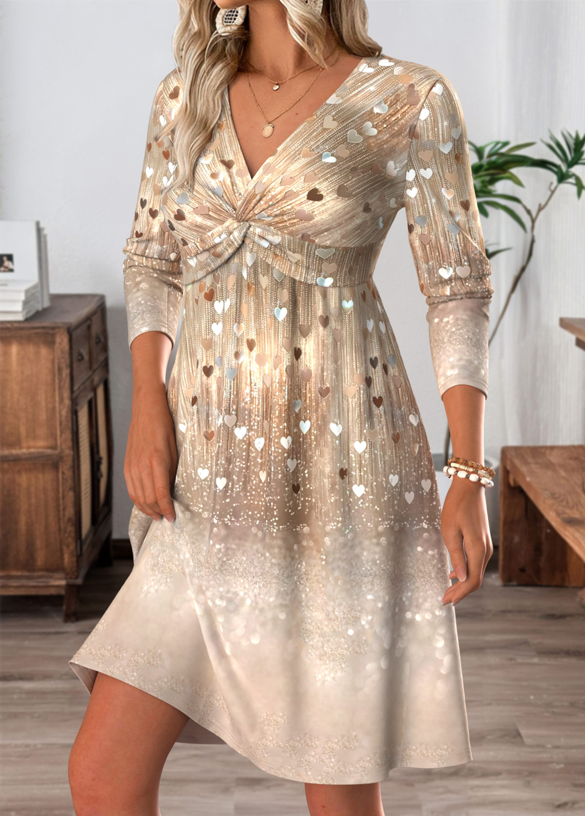 Champagne Tummy Control Short Long Sleeve V Neck Dress | picture 