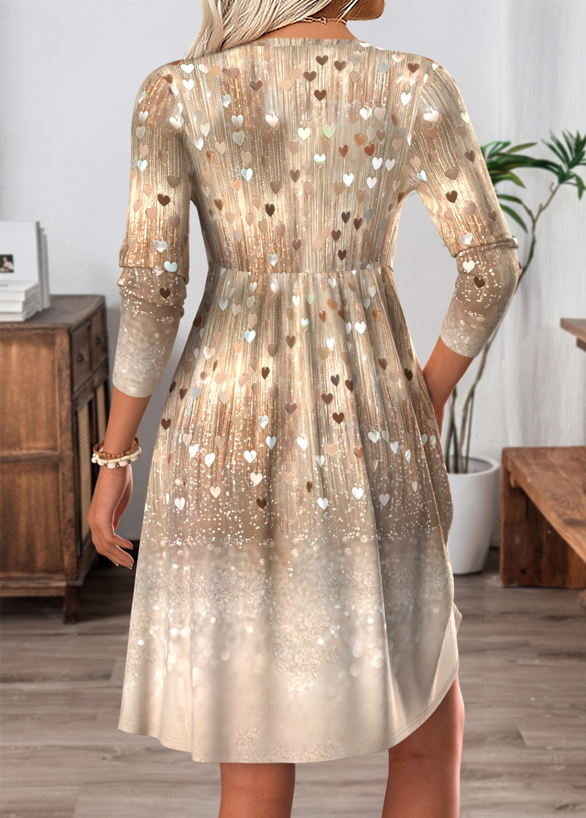 Champagne Tummy Control Short Long Sleeve V Neck Dress | picture 