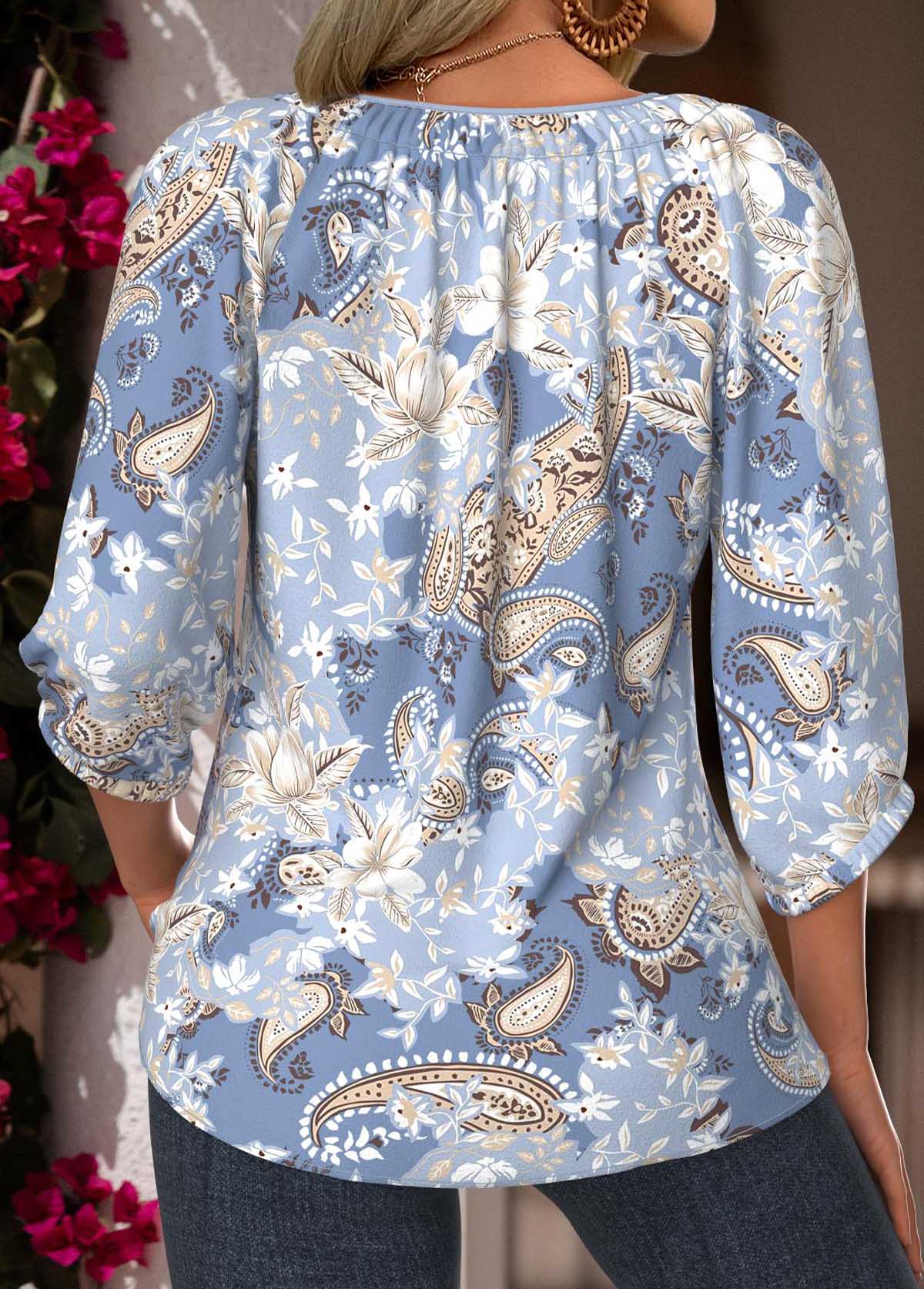 Dusty Blue Tummy Coverage Floral Print 3/4 Sleeve Blouse | picture 