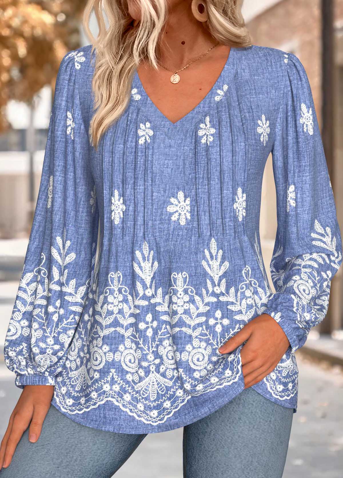 Denim Blue Curved Hem Feathers Print Long Sleeve Blouse | picture 
