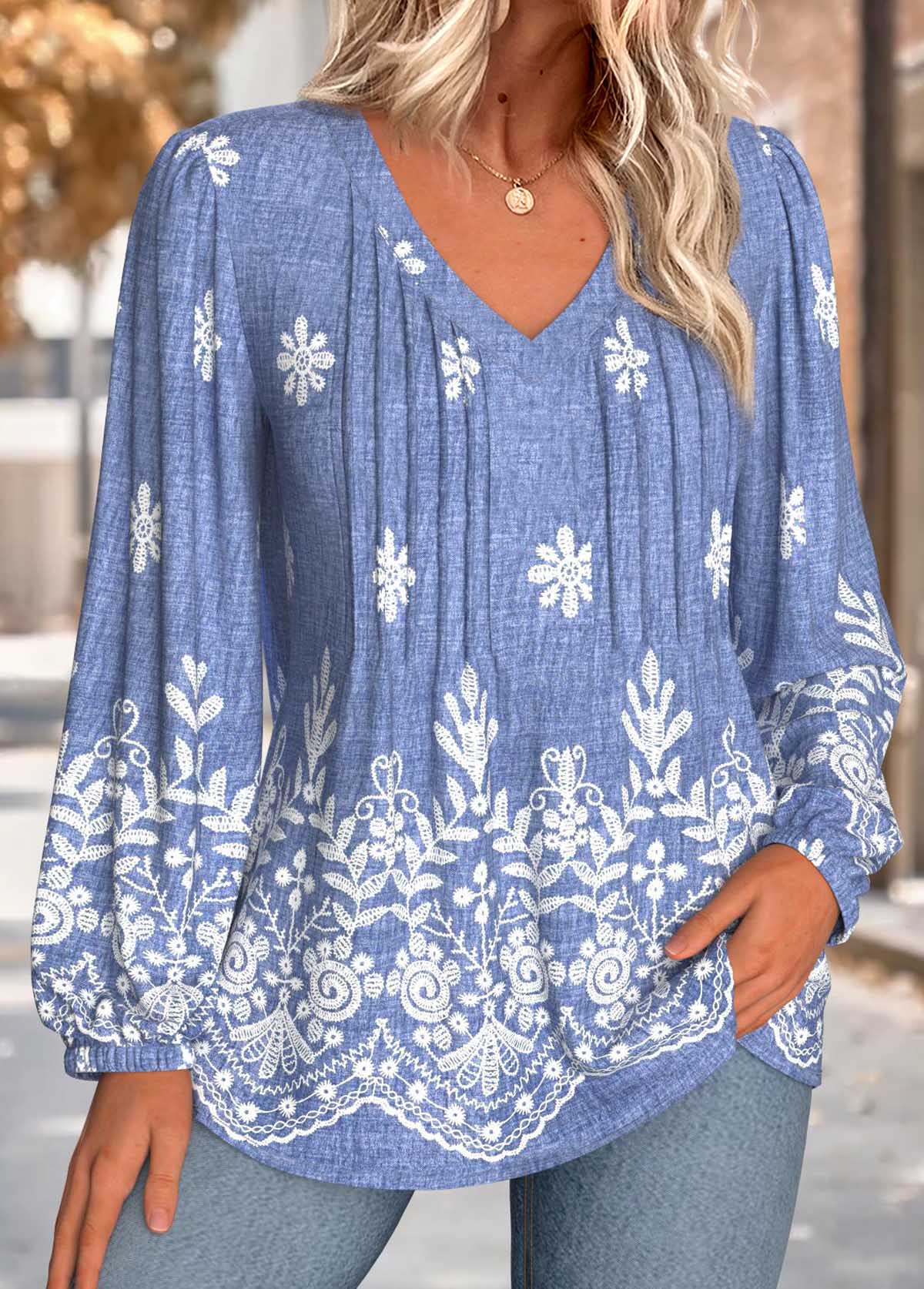 Denim Blue Curved Hem Feathers Print Long Sleeve Blouse | picture 
