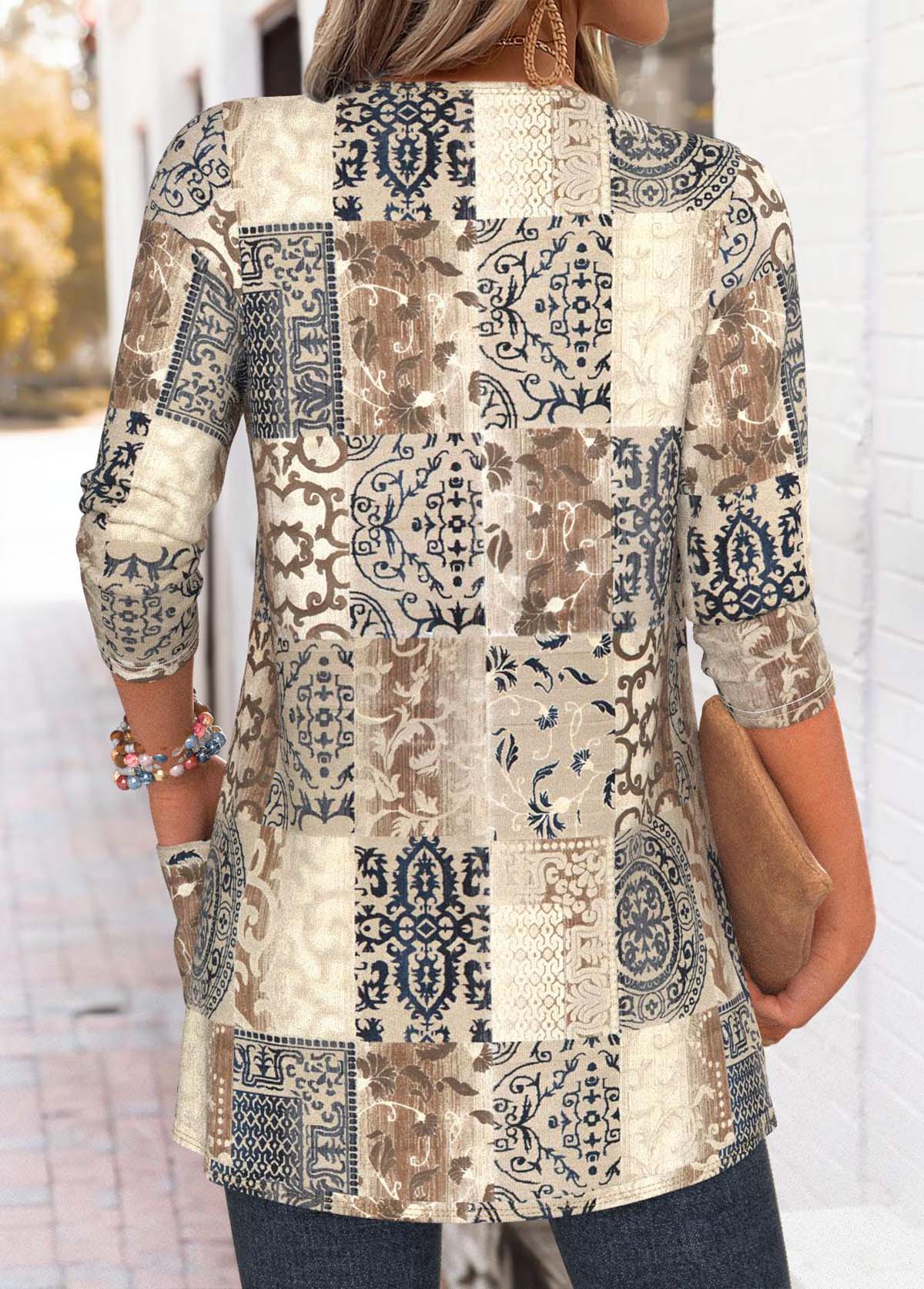 Light Camel Tummy Coverage Tribal Print Long Sleeve Coat | picture 