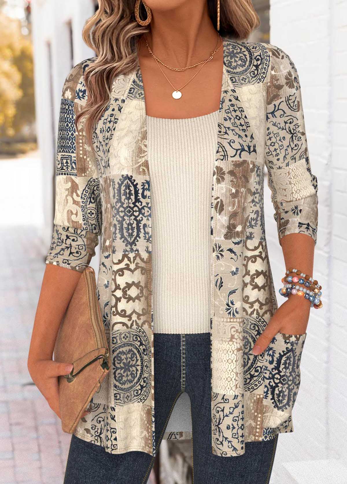 Light Camel Tummy Coverage Tribal Print Long Sleeve Coat | picture 
