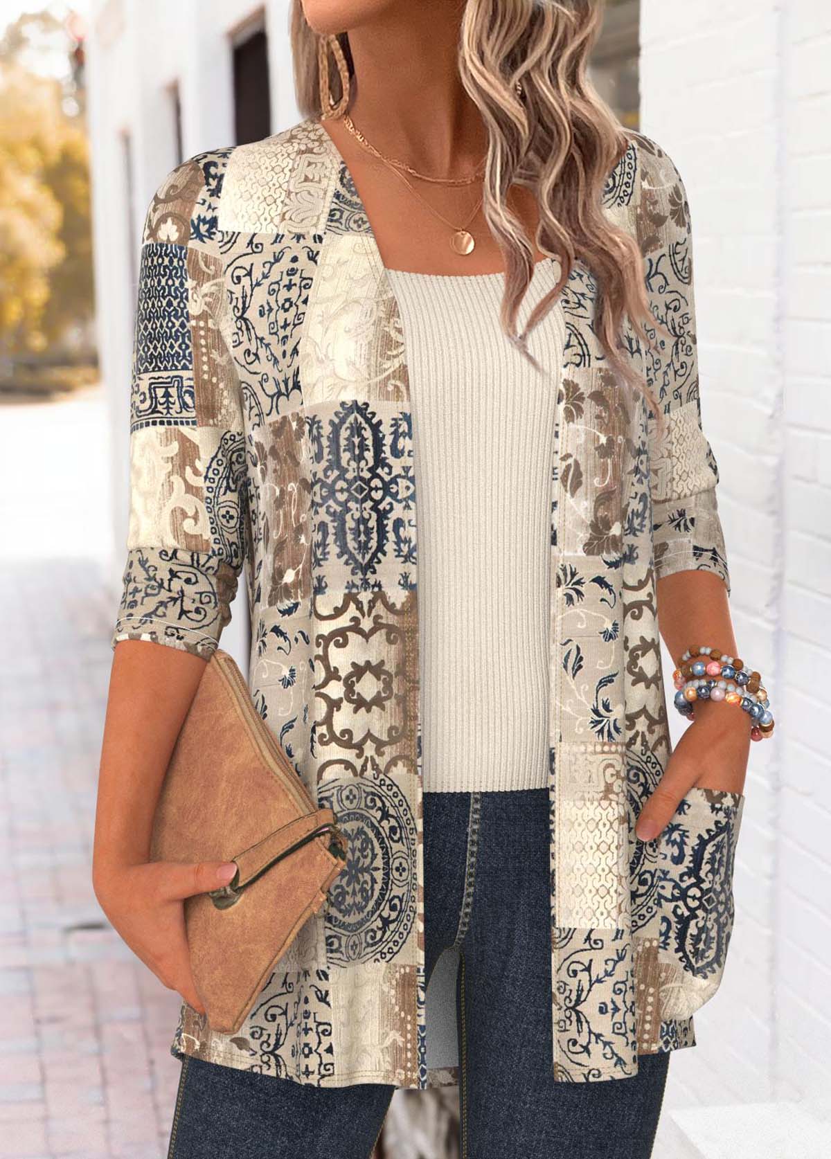 Light Camel Tummy Coverage Tribal Print Long Sleeve Coat | picture 