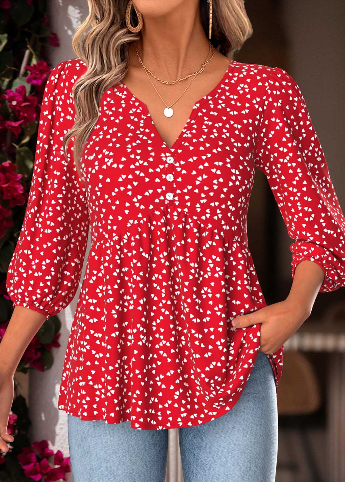 Red Tummy Coverage Heart Print 3/4 Sleeve Blouse | picture 