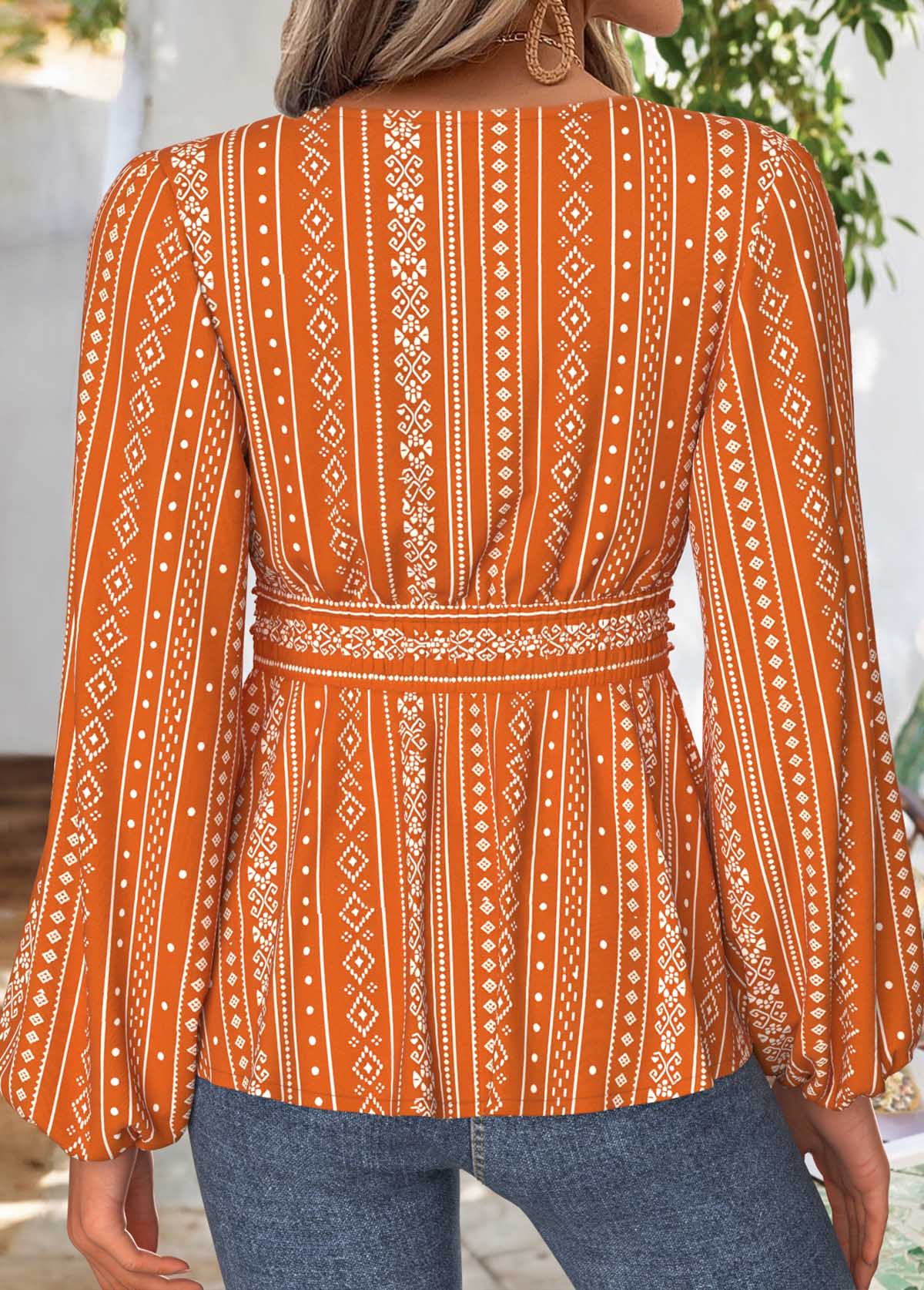 Terracotta Tummy Coverage Tribal Print Long Sleeve Blouse | picture 