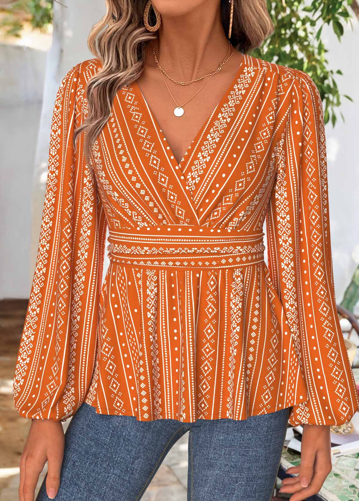Terracotta Tummy Coverage Tribal Print Long Sleeve Blouse | picture 